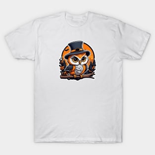 An owl wearing a hat and sitting on a branch T-Shirt